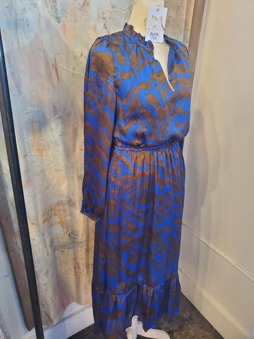 Brown Multi Split Neck Abstract Dress