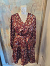 Long Sleeve Burgundy Print Dress with Tie