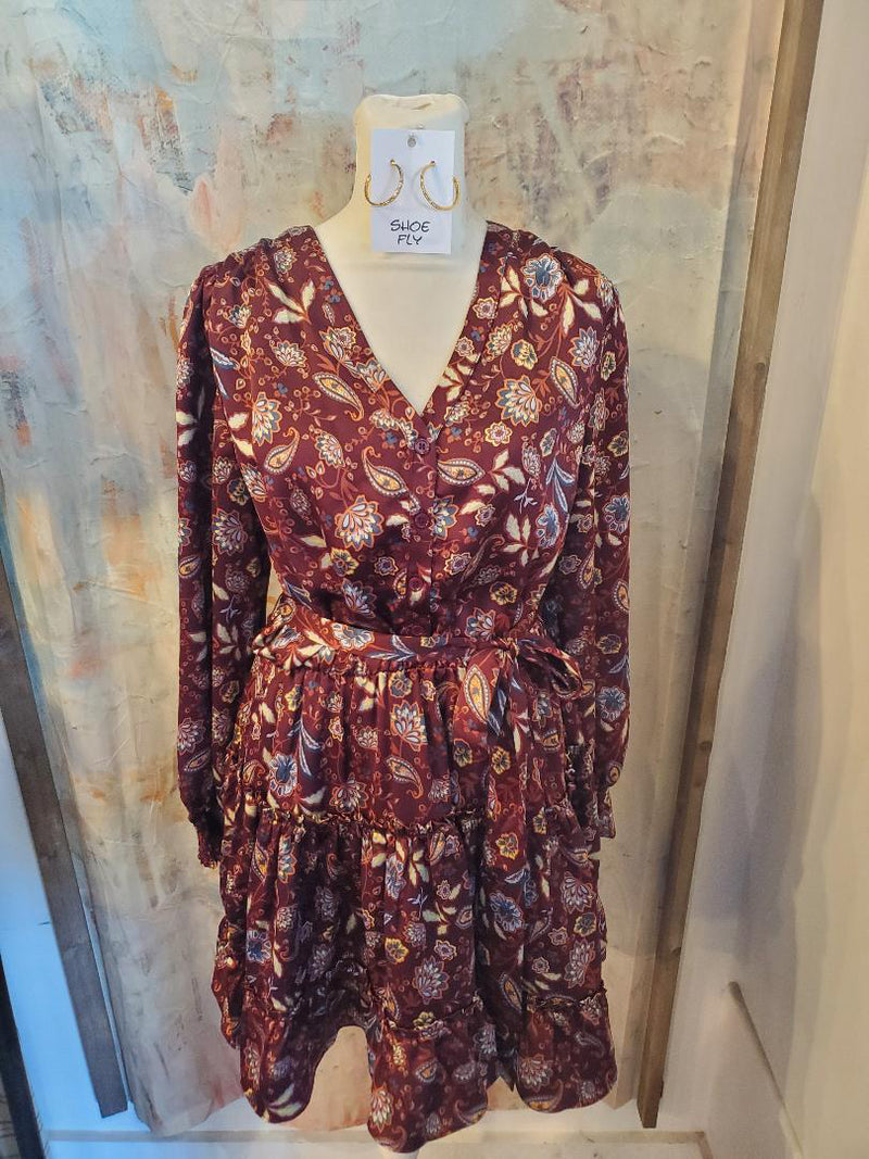 Long Sleeve Burgundy Print Dress with Tie