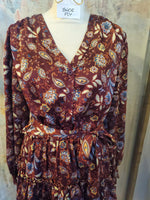 Long Sleeve Burgundy Print Dress with Tie