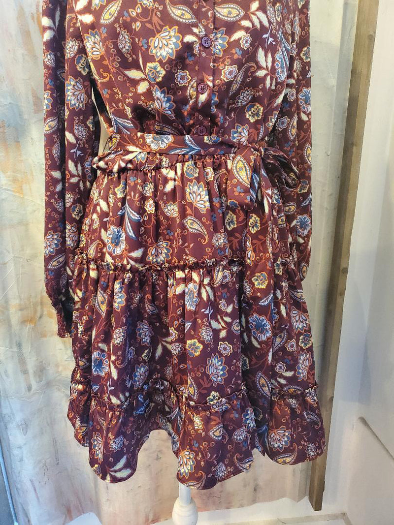 Long Sleeve Burgundy Print Dress with Tie