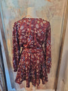 Long Sleeve Burgundy Print Dress with Tie