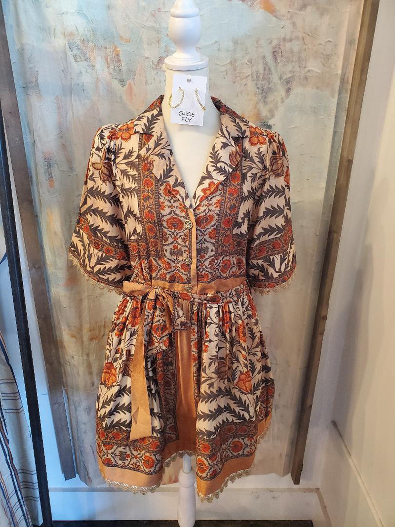 Fall Floral Tie Waist Dress with Pockets