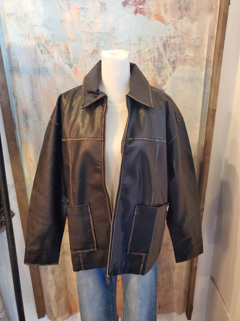 Washed Faux Leather Oversize Jacket