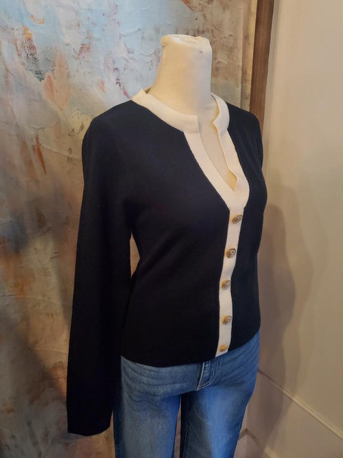 Contrast Placket Sweater Top with Detail Button