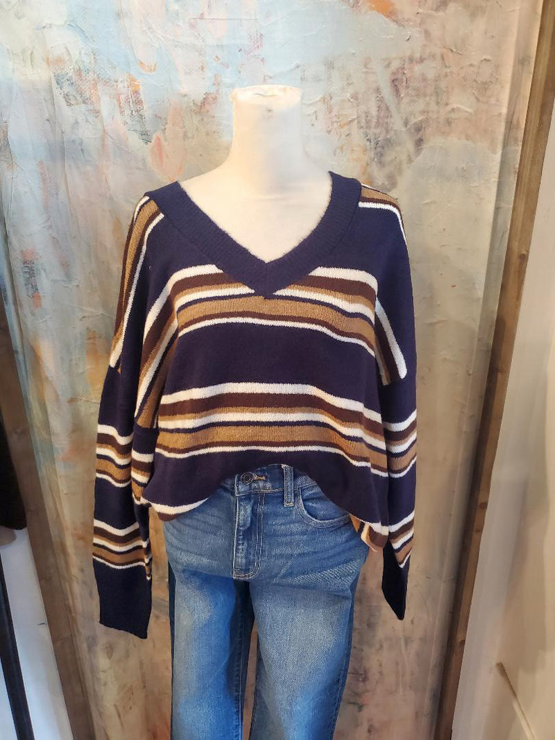 Multicolor Stripe V Neck Long Sleeve Sweater
