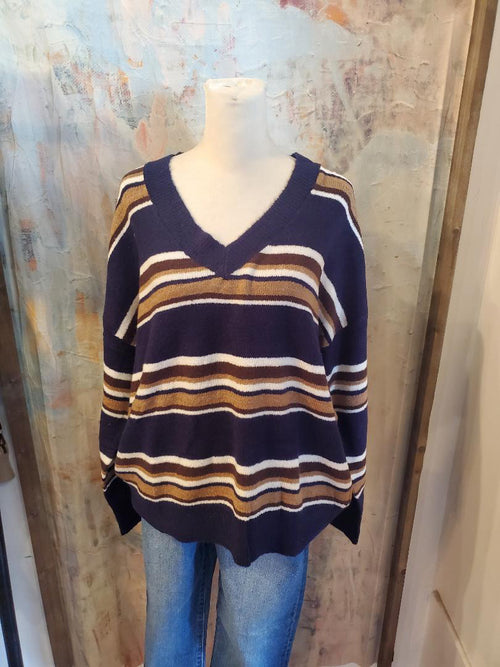 Multicolor Stripe V Neck Long Sleeve Sweater