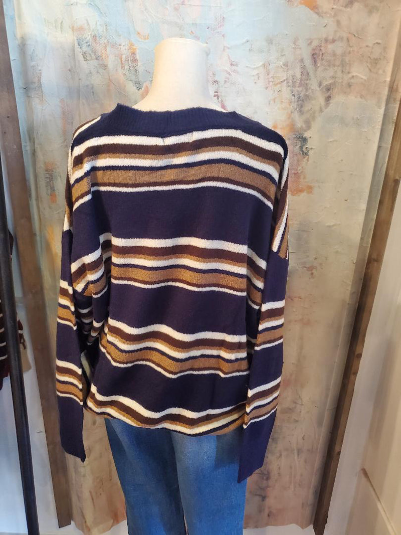 Multicolor Stripe V Neck Long Sleeve Sweater