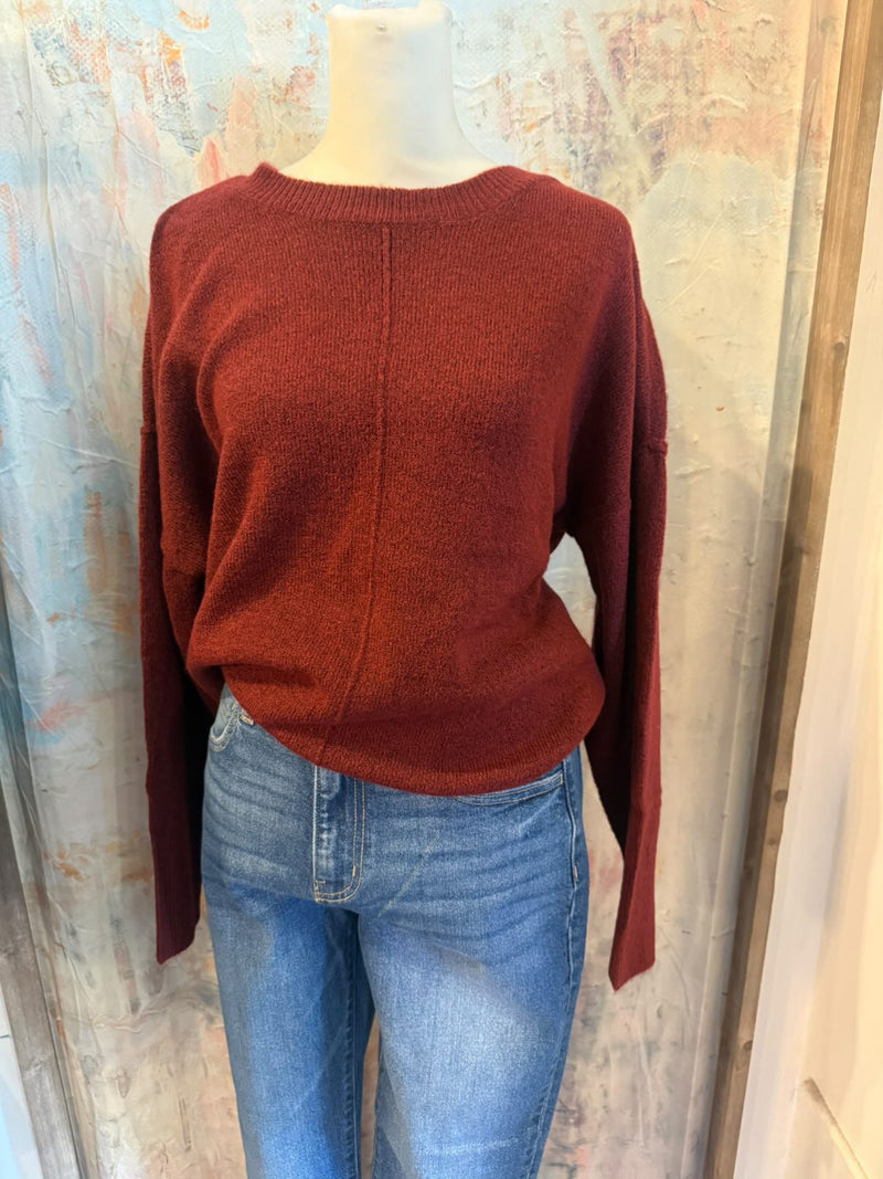 Solid Crew Neck Front Seam Knit Sweater