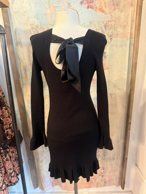 Open Back Satin Bow Detail Sweater Dress Pearl Sleeve Detail