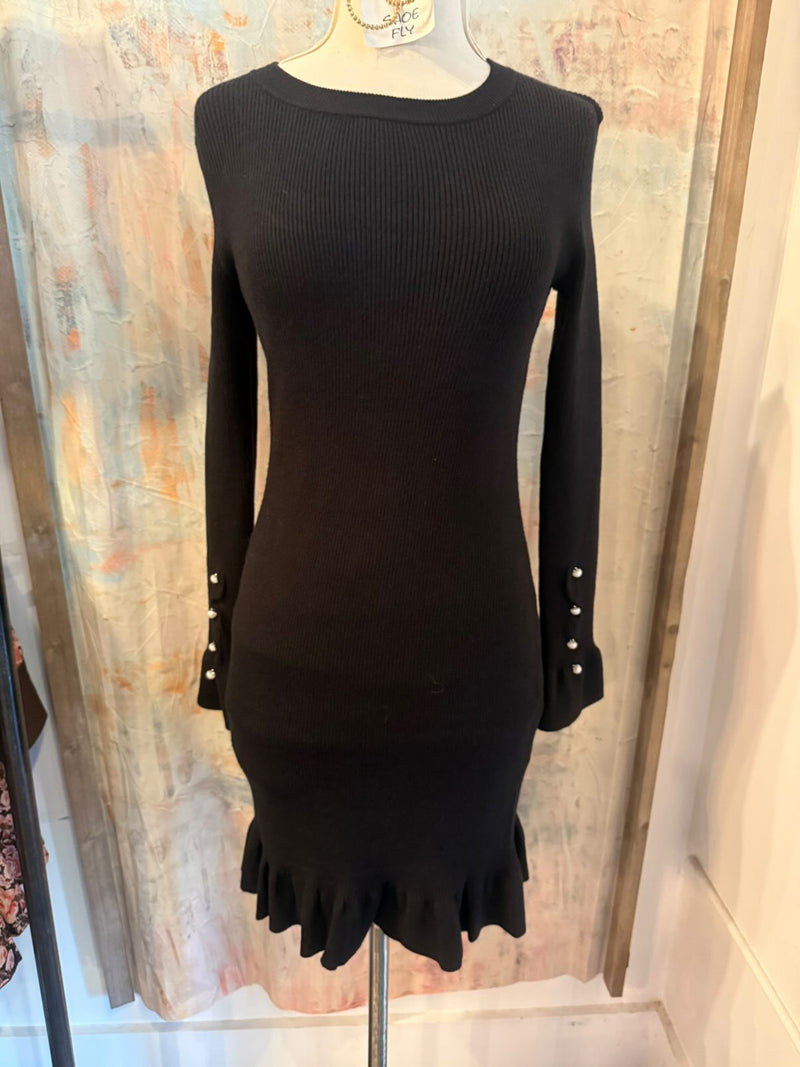 Open Back Satin Bow Detail Sweater Dress Pearl Sleeve Detail