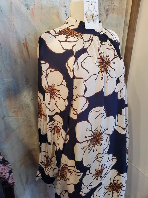 Navy Beige Brown Mock Neck Dress