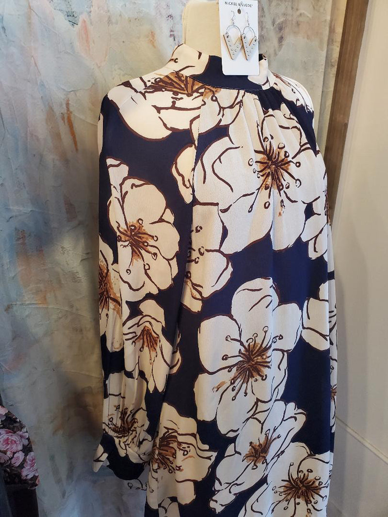 Navy Beige Brown Mock Neck Dress