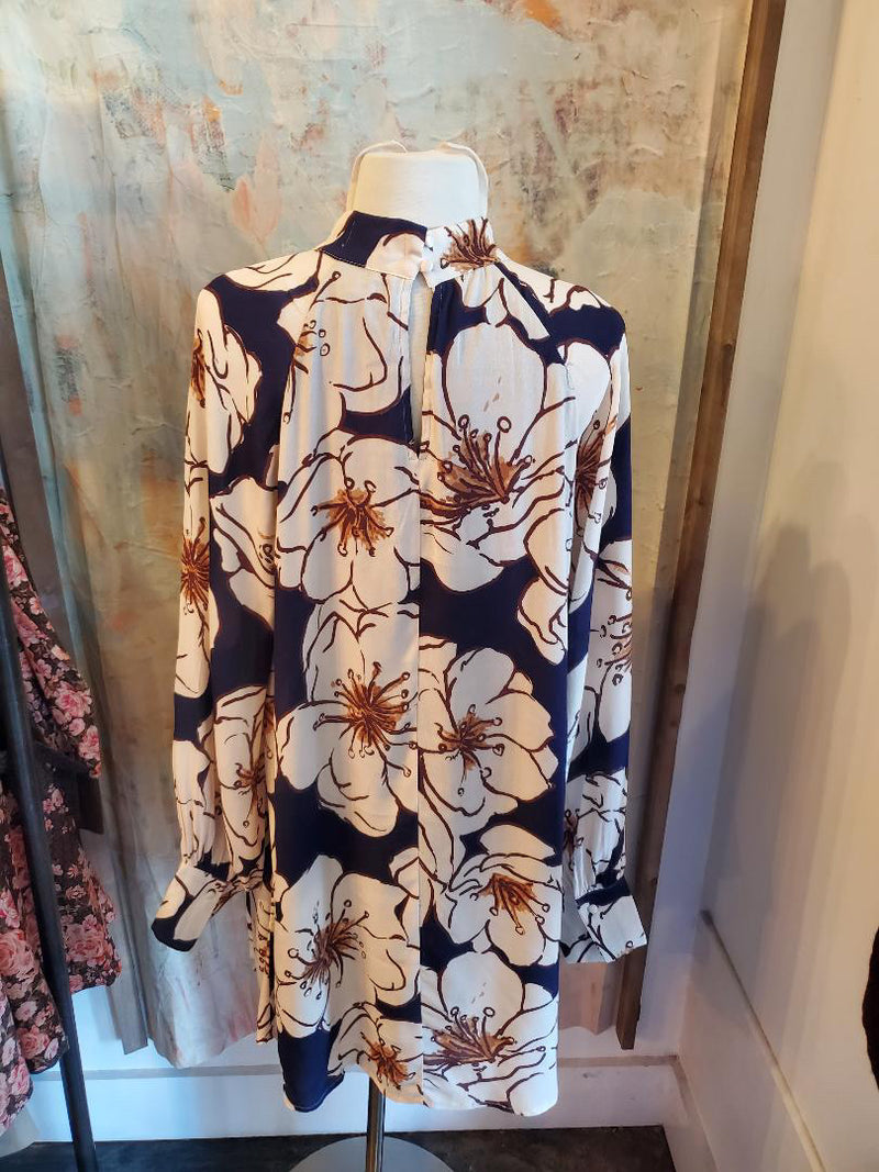 Navy Beige Brown Mock Neck Dress