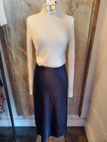 Navy Elastic Waist Silk Midi Skirt
