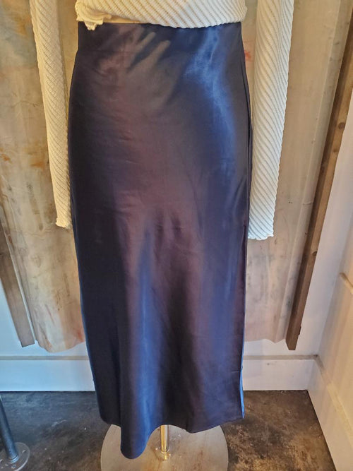Navy Elastic Waist Silk Midi Skirt