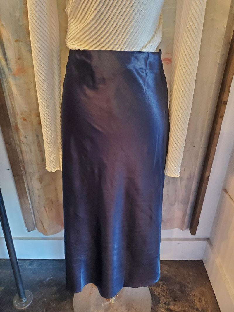 Navy Elastic Waist Silk Midi Skirt