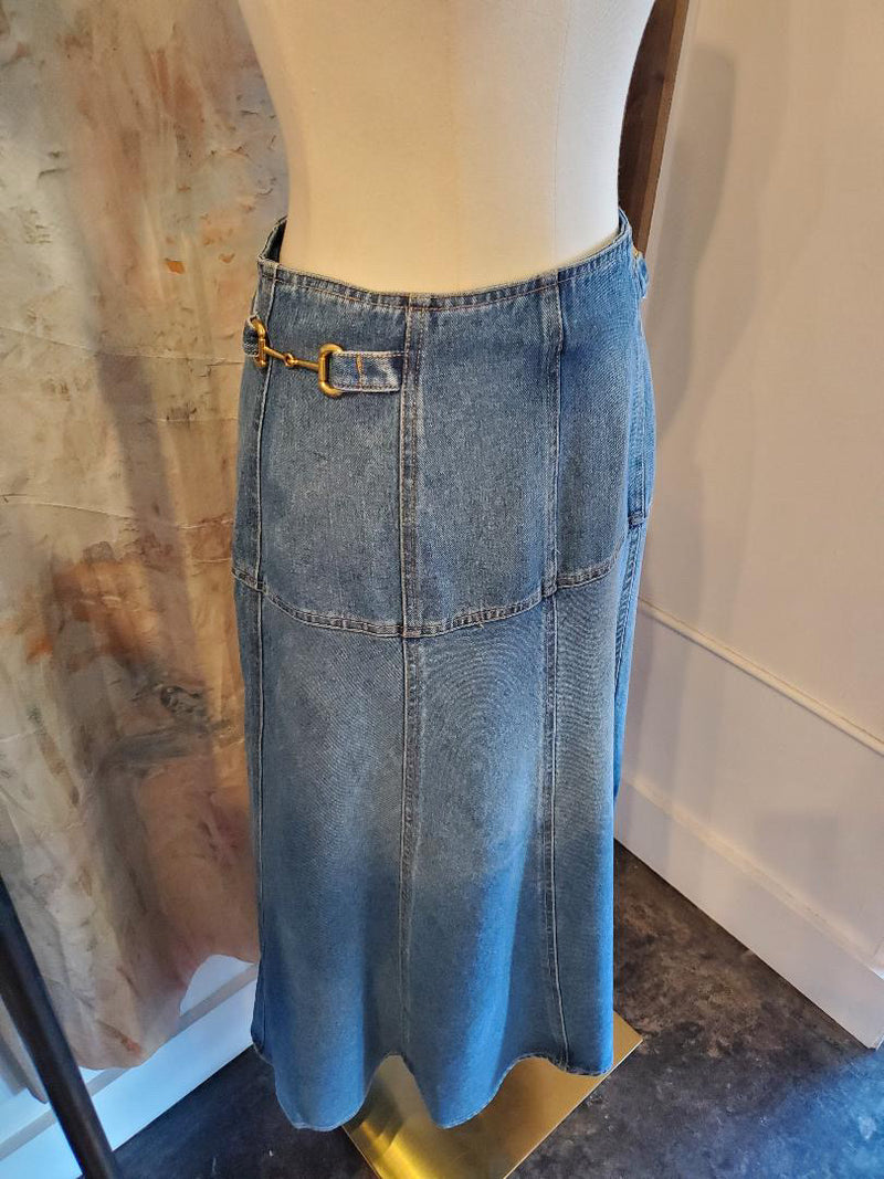 Long Denim Side Buckle Detail Skirt