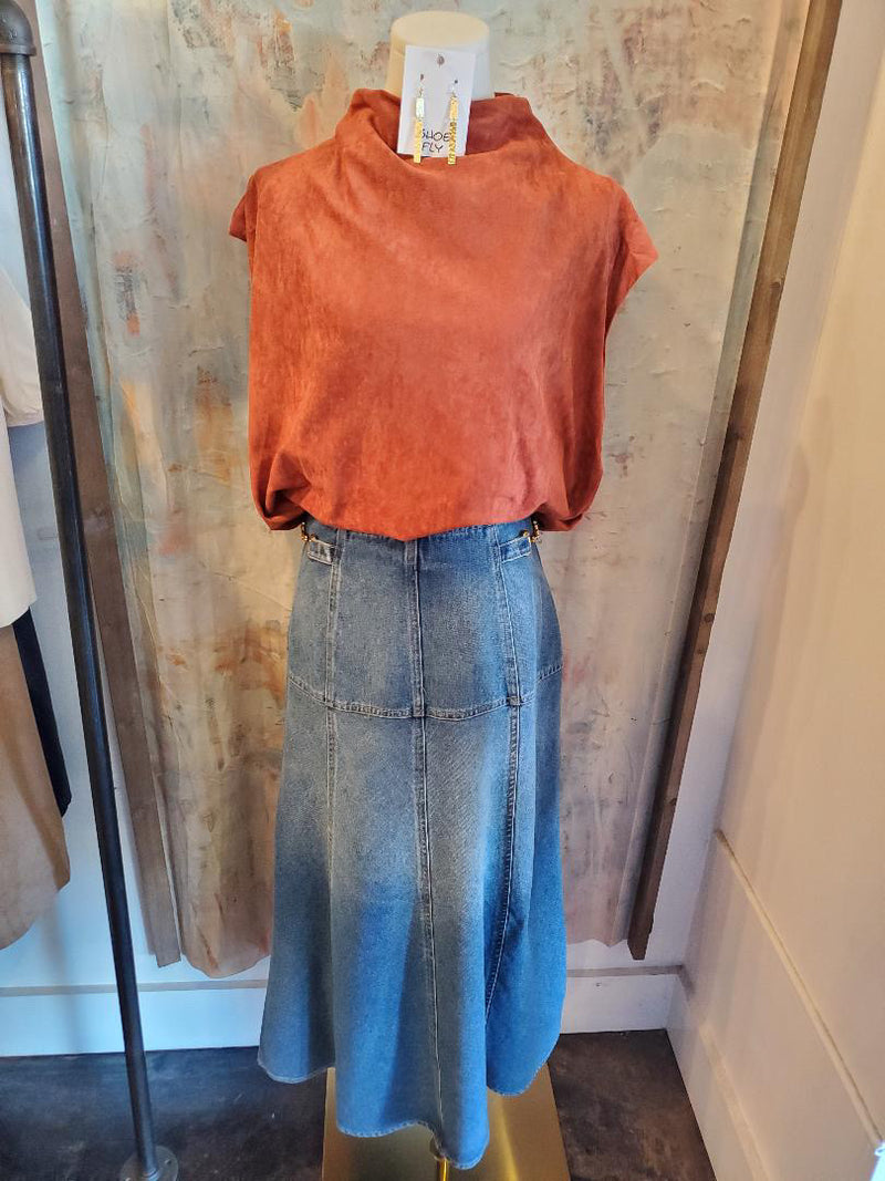 Long Denim Side Buckle Detail Skirt