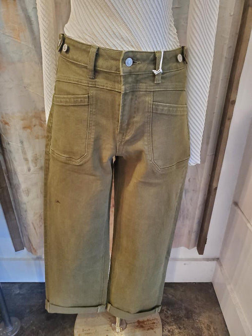High Rise Slim Wide Olive Denim