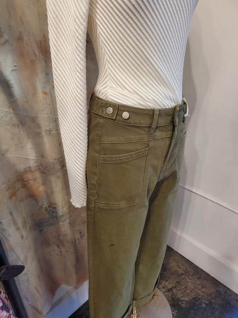 High Rise Slim Wide Olive Denim