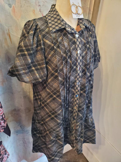 Puff Sleeve Plaid Suede Dress