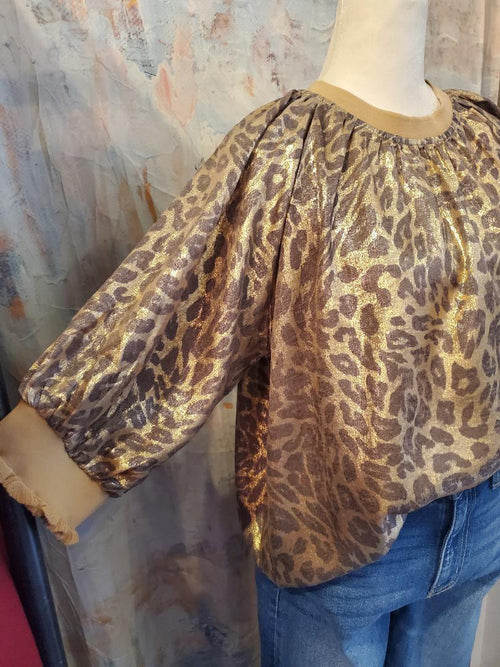 Puff Sleeve Metallic Animal Print Top