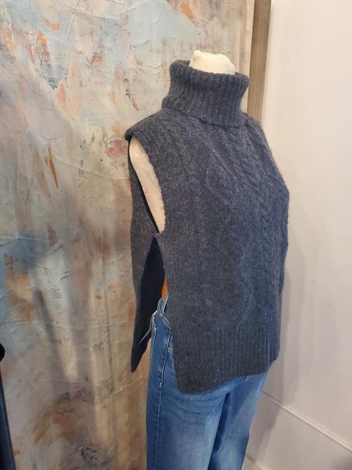 Turtleneck Side Slit Cable Sweater Vest