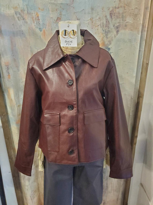 Burgundy Faux Leather Jacket with Pocket Detail