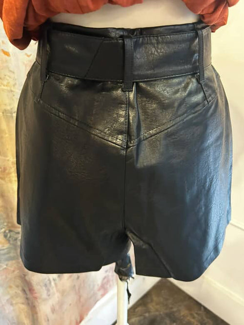 Tie Front Black Faux Leather Shorts