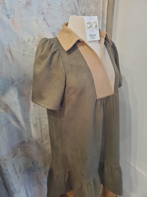 Short Sleeve Suede Two Tone Dress