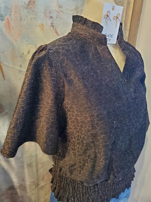 Smocked Hem Glitter Sprinkled Animal Print Top