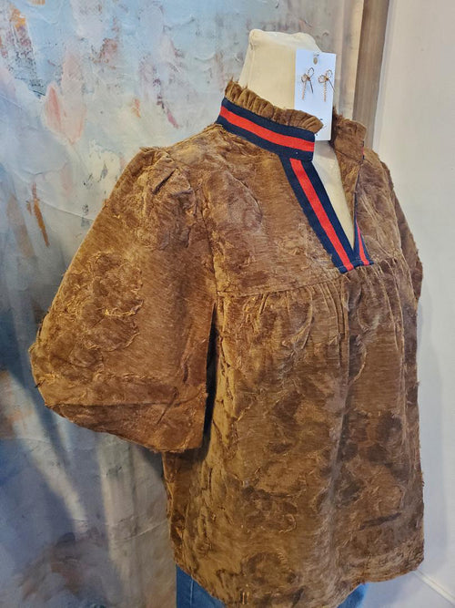 Stripe V Neckline Floral Burnout Velvet Top