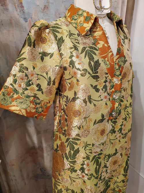 Collared V Neck Floral Jacquard Dress