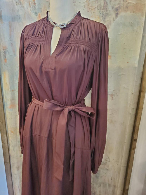 Long Sleeve Shoulder Smocked Detail Long Dress with Tie___