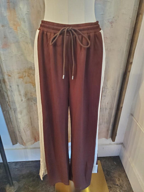 Brown Stripe Leg Detail Pants with Pockets