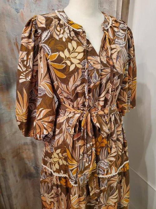 Brown Multi Floral Lace Trim Dress with Pockets