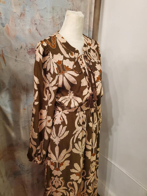 Brown Floral Print Midi Dress