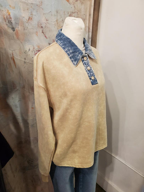 Denim Collar Washed Polo Shirt