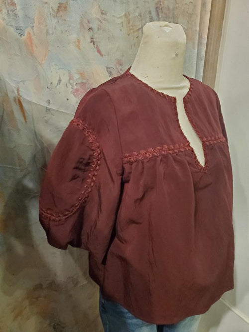 Embroidery Stitch Detail Puff Sleeve Top