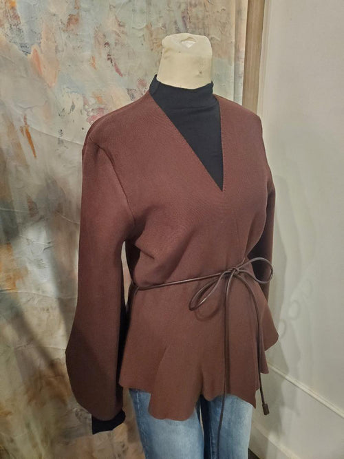 Belted V Neck Cardigan with Faux Leather Belt