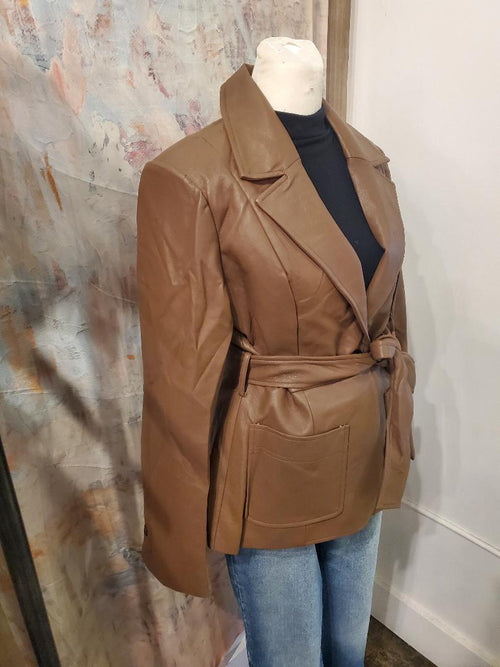 Faux Leather Tie Waist Jacket