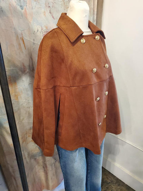 Solid Double Breasted Suede Cape Jacket