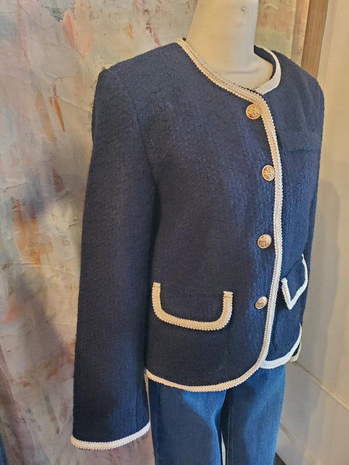 Navy Boucle Jacket with Trim Detail