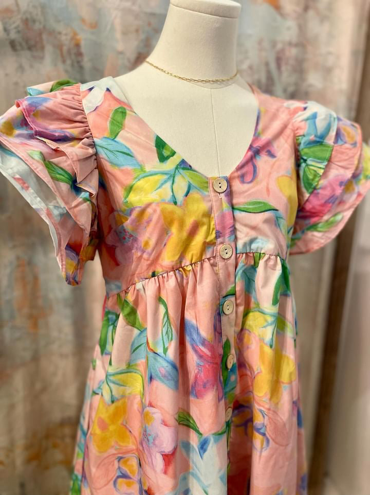 Floral Button Down Dress with Flutter Sleeve