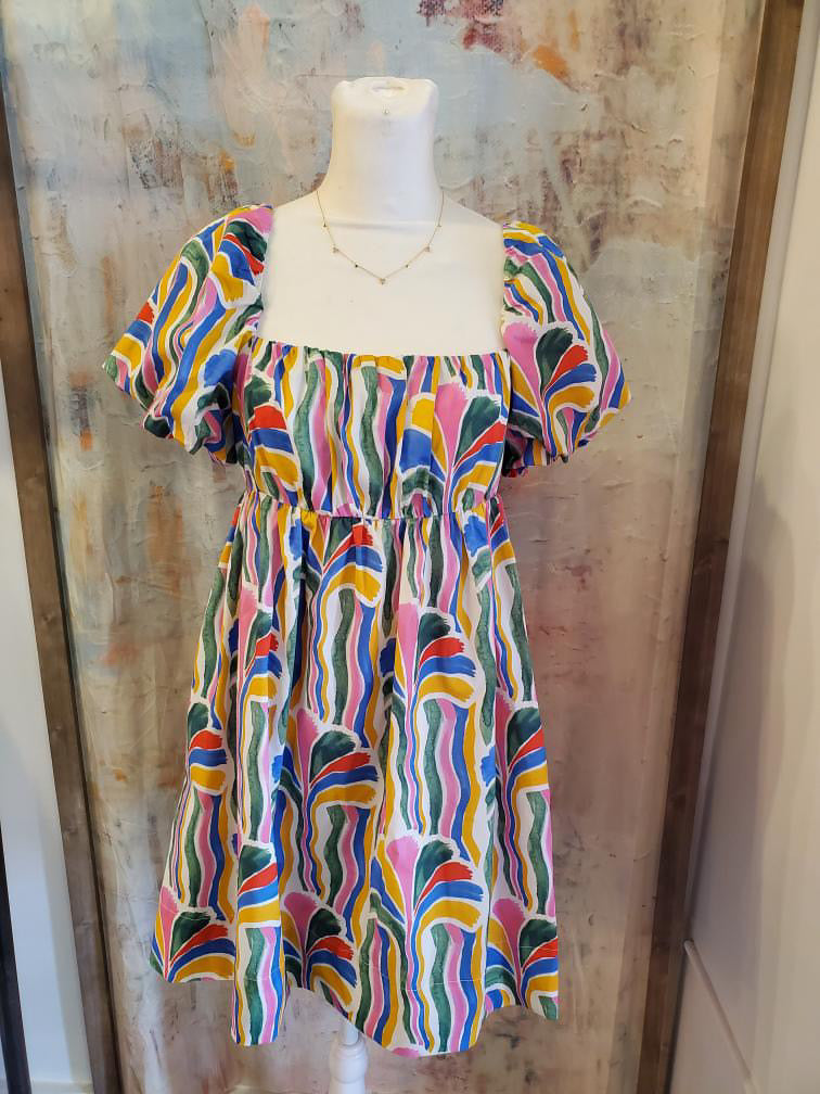 Abstract Print Bubble Sleeve Dress