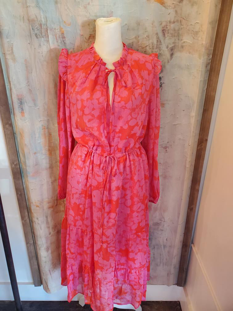 Tiered Midi Red/Pink  Print Dress