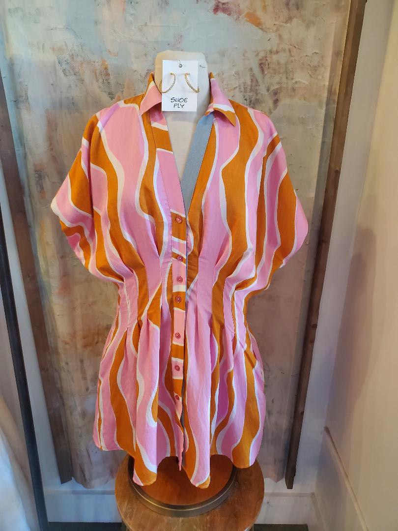 Wavy Striped Pattern Dress with Pockets