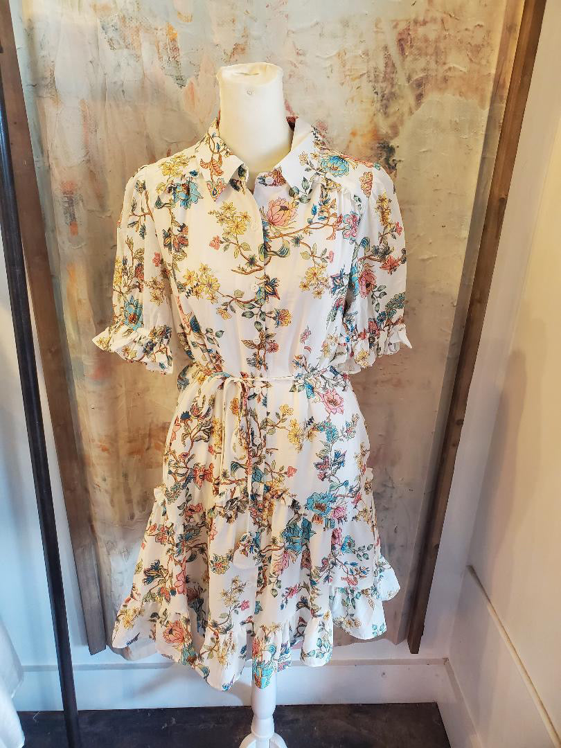 Floral Printed Short Sleeve Button Down Mini Dress