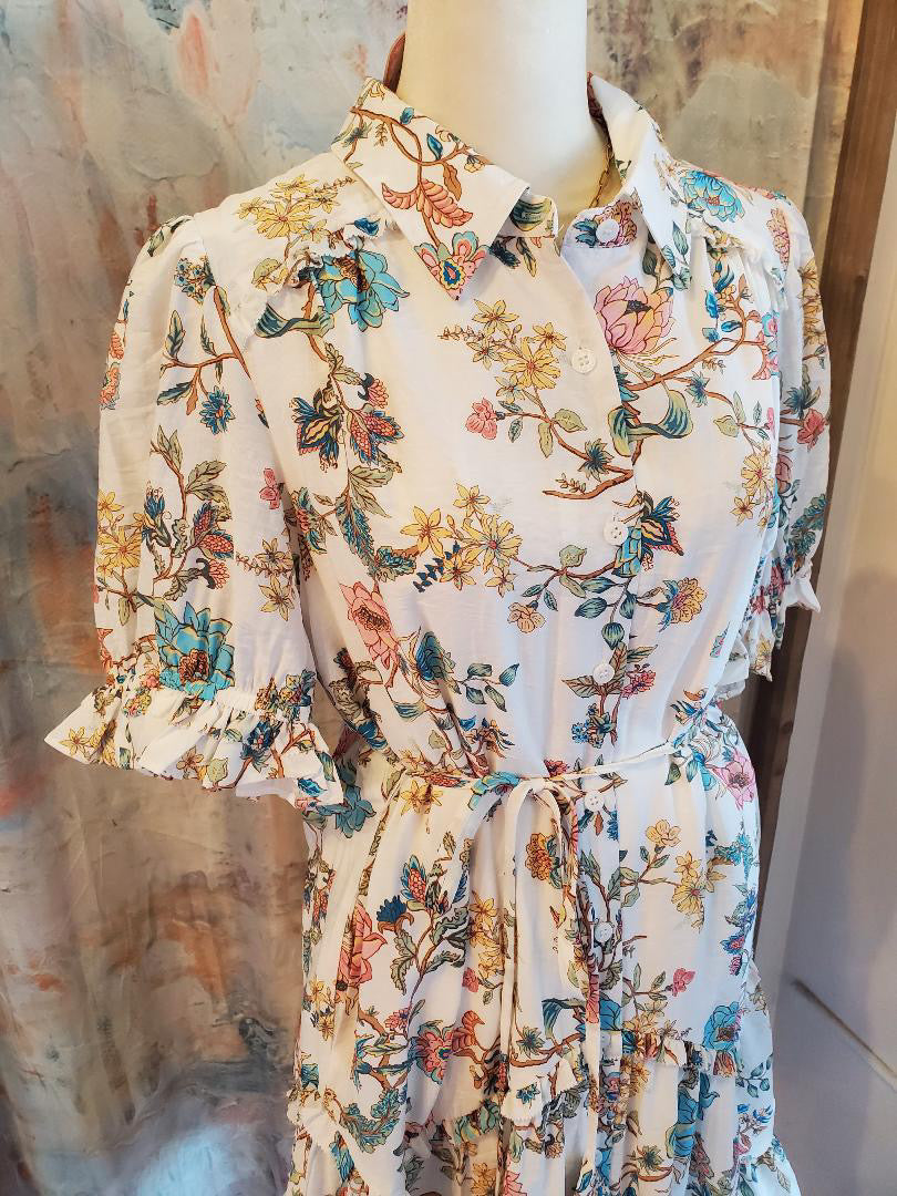 Floral Printed Short Sleeve Button Down Mini Dress